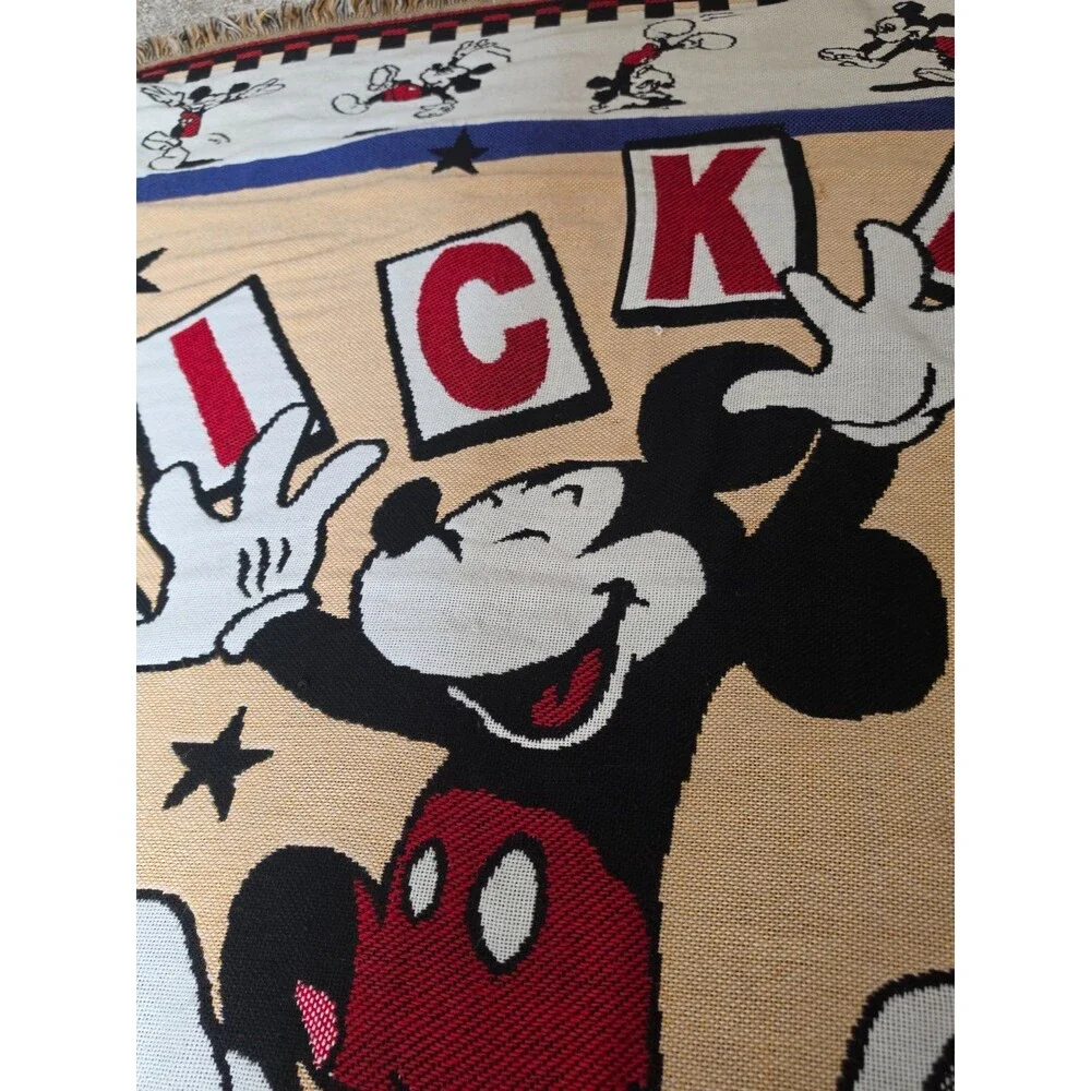 Vintage Disney Beacon Mickey Mouse Fringe Pop Art Tapestry Throw Blanket 54x48
